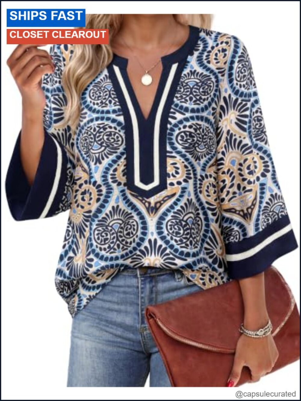 Women's 3/4 Bell Sleeve V-Neck Floral Tunic Blouse Dressy Casual